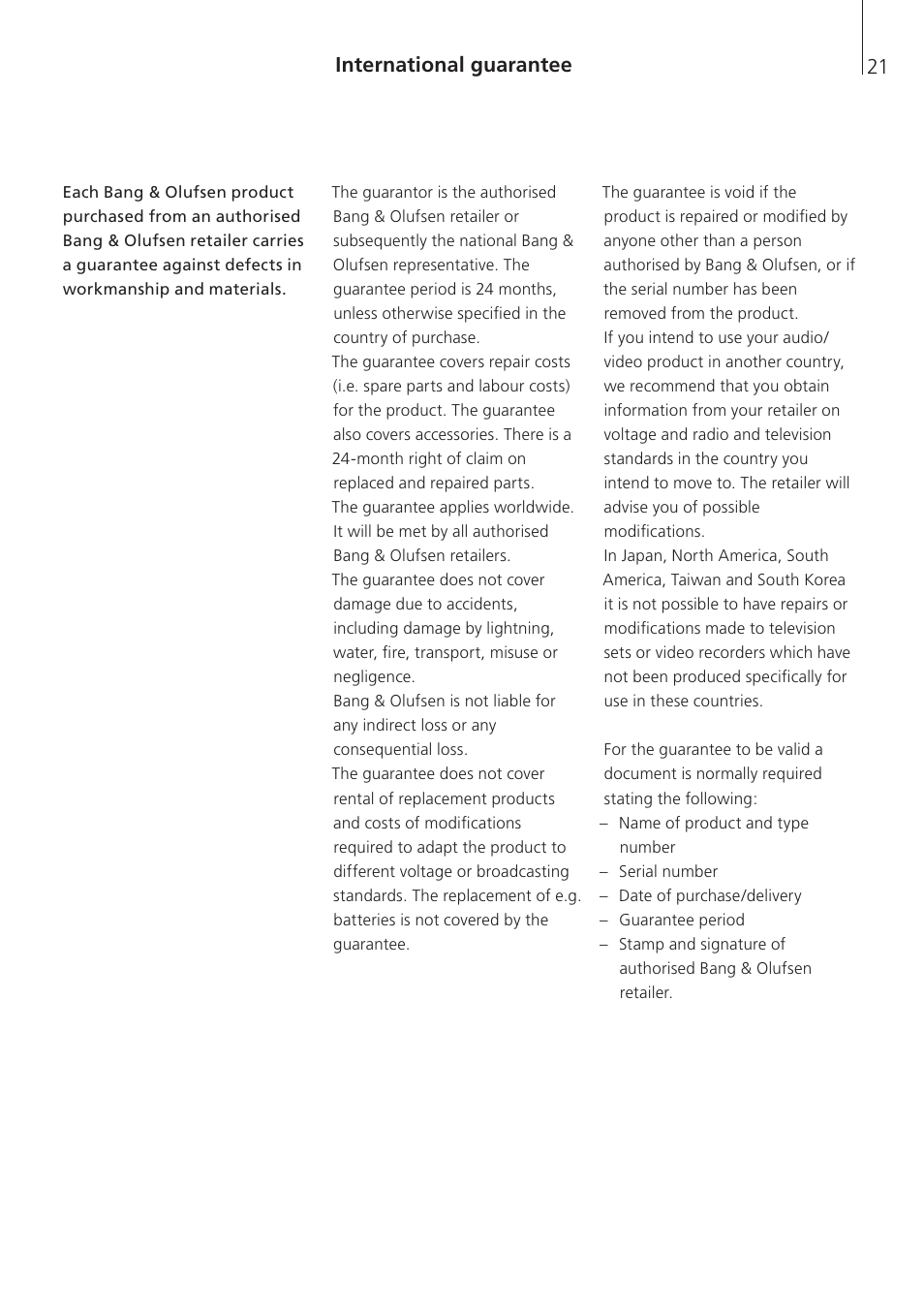 International guarantee | Bang & Olufsen Serenata - Getting Started User Manual | Page 21 / 24
