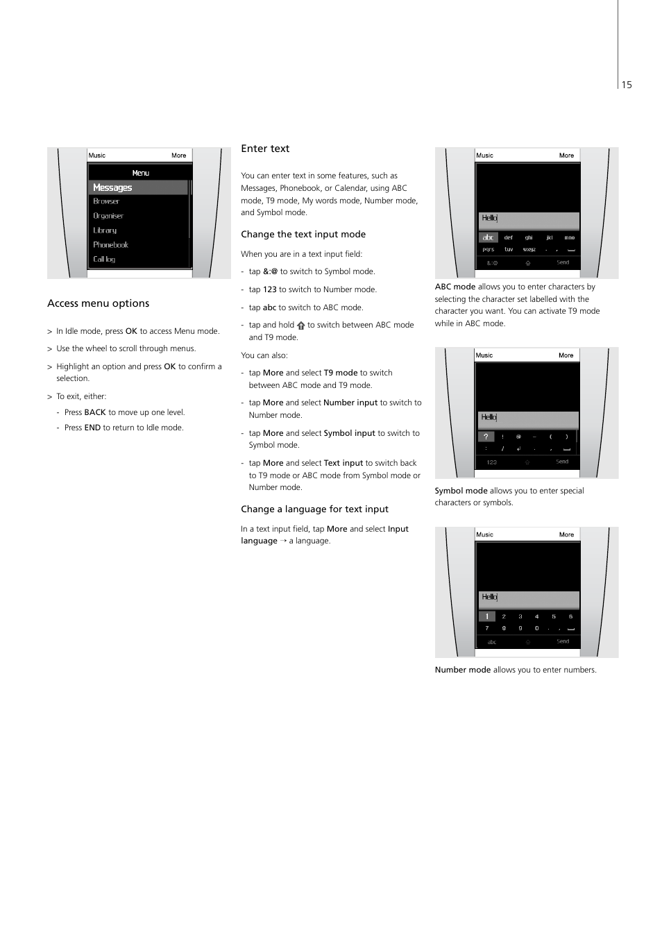 Access menu options, Enter text, Access menu options, 15 enter text | Bang & Olufsen Serenata - User Guide User Manual | Page 15 / 68