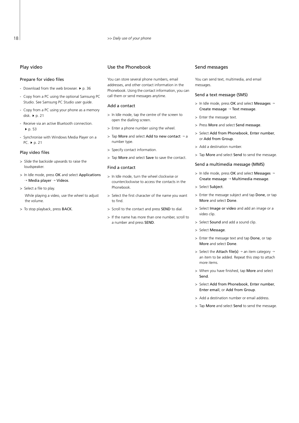 Play video, Use the phonebook, Send messages | Use the phonebook, 18 send messages, 18 | Bang & Olufsen Serenata - User Guide User Manual | Page 18 / 68