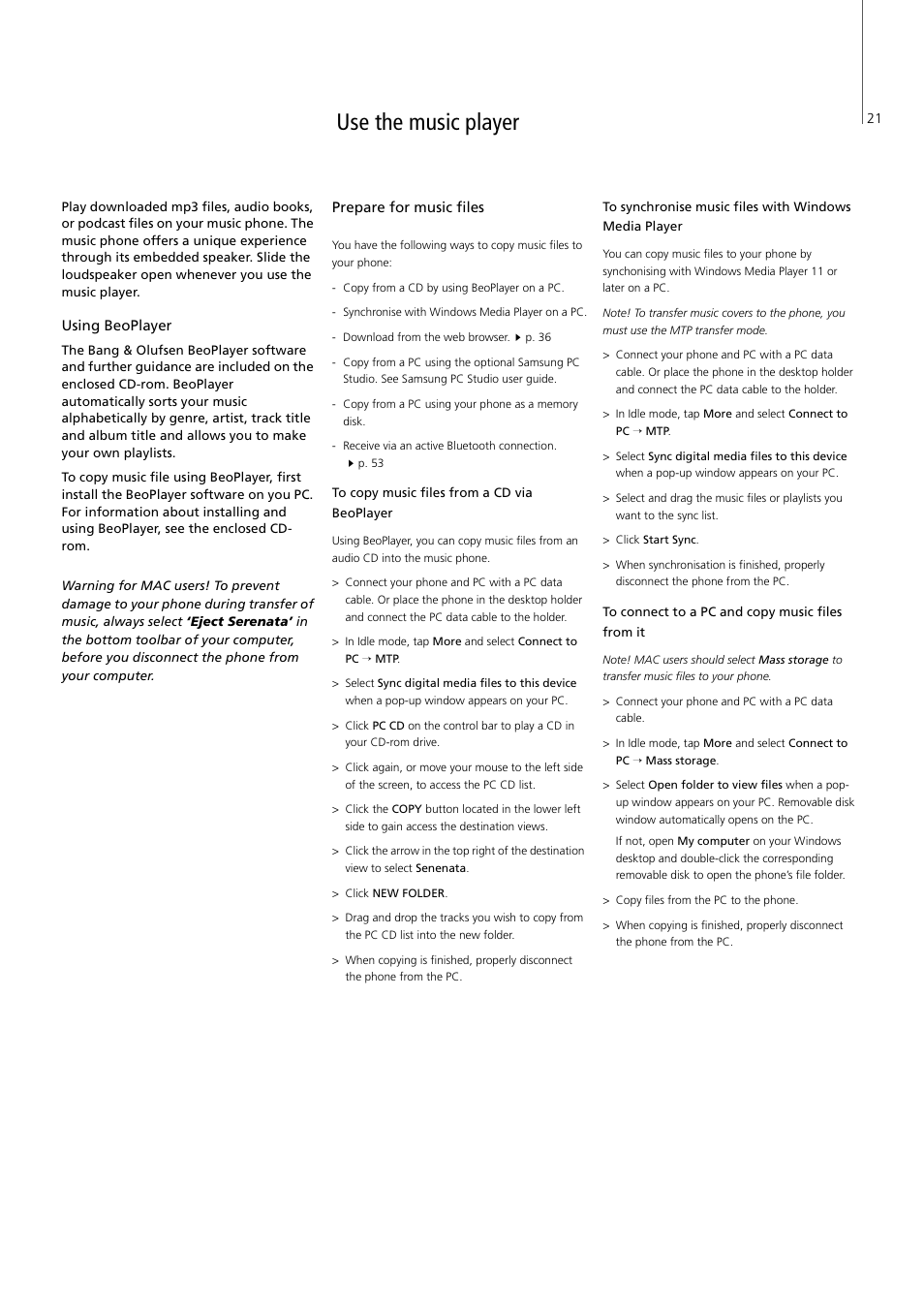 Use the music player, Prepare for music files, Use the music player, 21 | Prepare for music files, 21, P. 21 | Bang & Olufsen Serenata - User Guide User Manual | Page 21 / 68