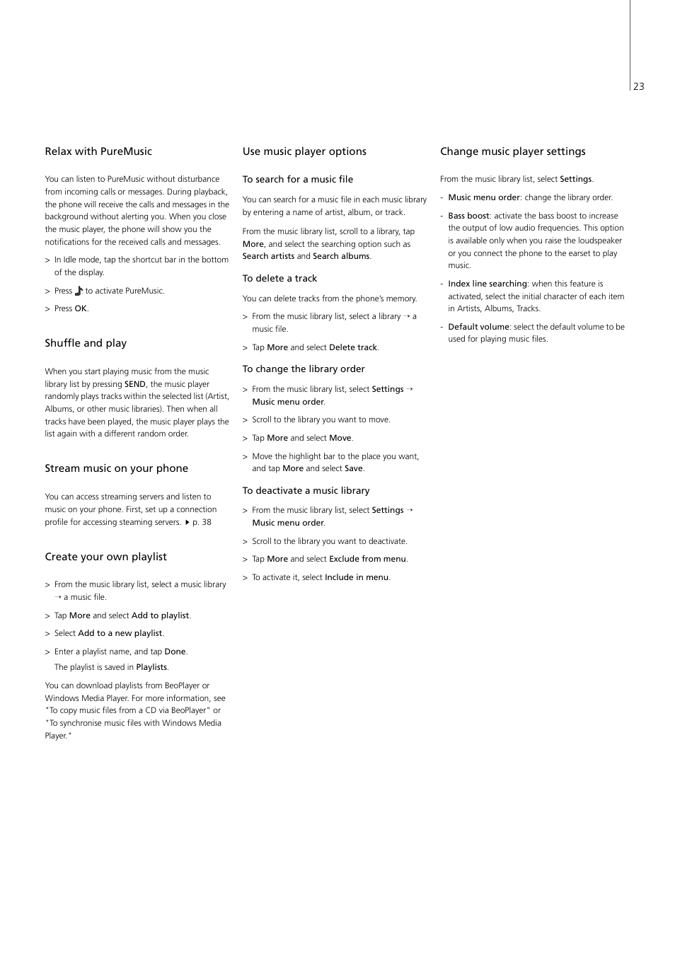 Relax with puremusic, Shuffle and play, Stream music on your phone | Create your own playlist, Use music player options, Change music player settings | Bang & Olufsen Serenata - User Guide User Manual | Page 23 / 68