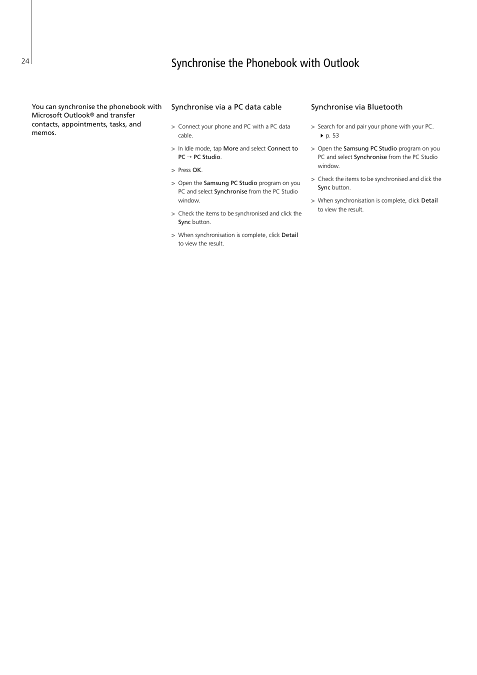 Synchronise the phonebook with outlook, Synchronise via a pc data cable, Synchronise via bluetooth | Bang & Olufsen Serenata - User Guide User Manual | Page 24 / 68