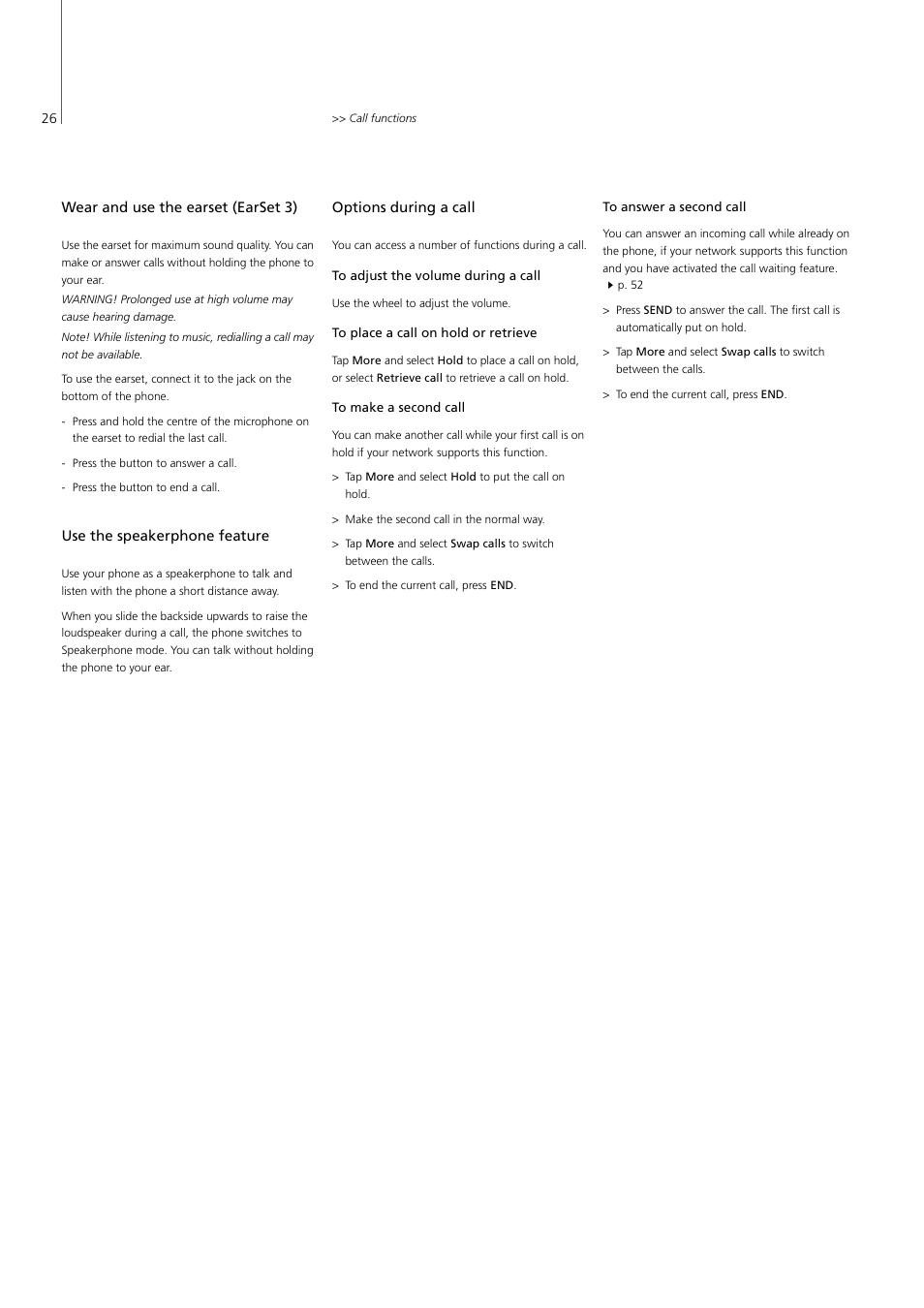 Wear and use the earset (earset 3), Use the speakerphone feature, Options during a call | Bang & Olufsen Serenata - User Guide User Manual | Page 26 / 68