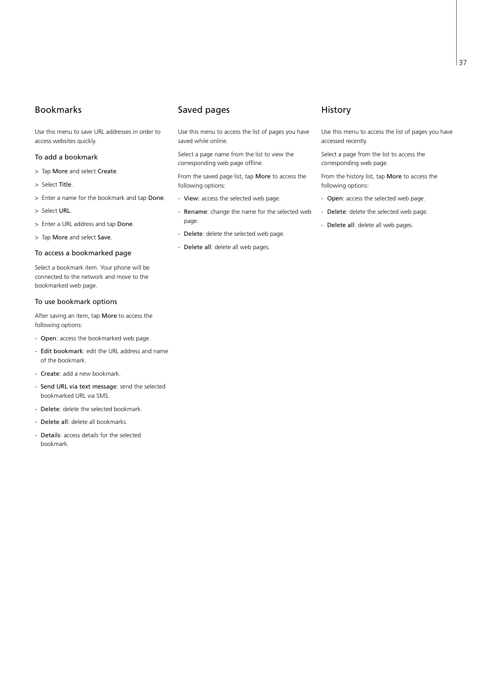 Bookmarks, History, P. 37 | Saved pages | Bang & Olufsen Serenata - User Guide User Manual | Page 37 / 68