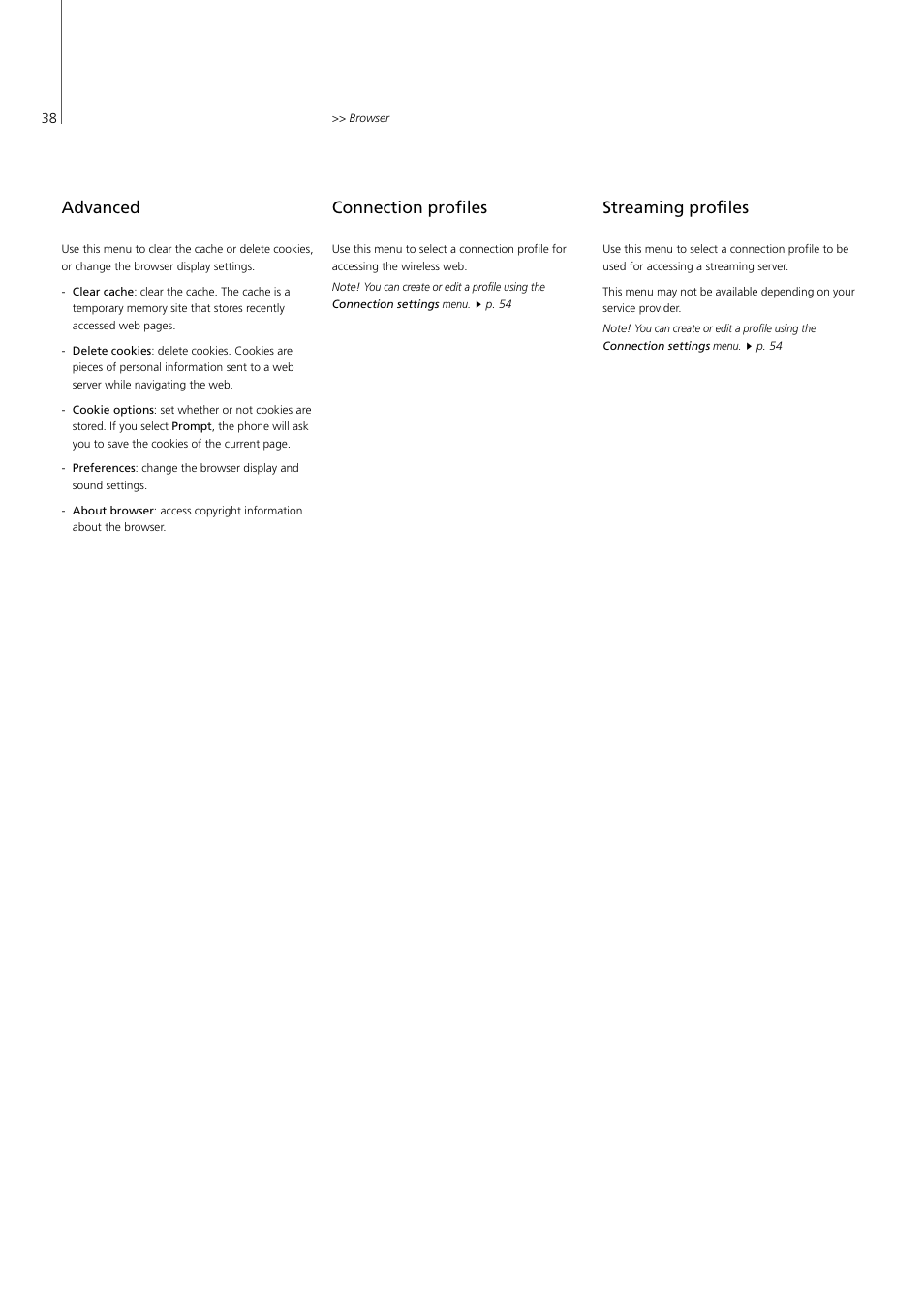 Advanced, Connection profiles, Streaming profiles | P. 38 | Bang & Olufsen Serenata - User Guide User Manual | Page 38 / 68