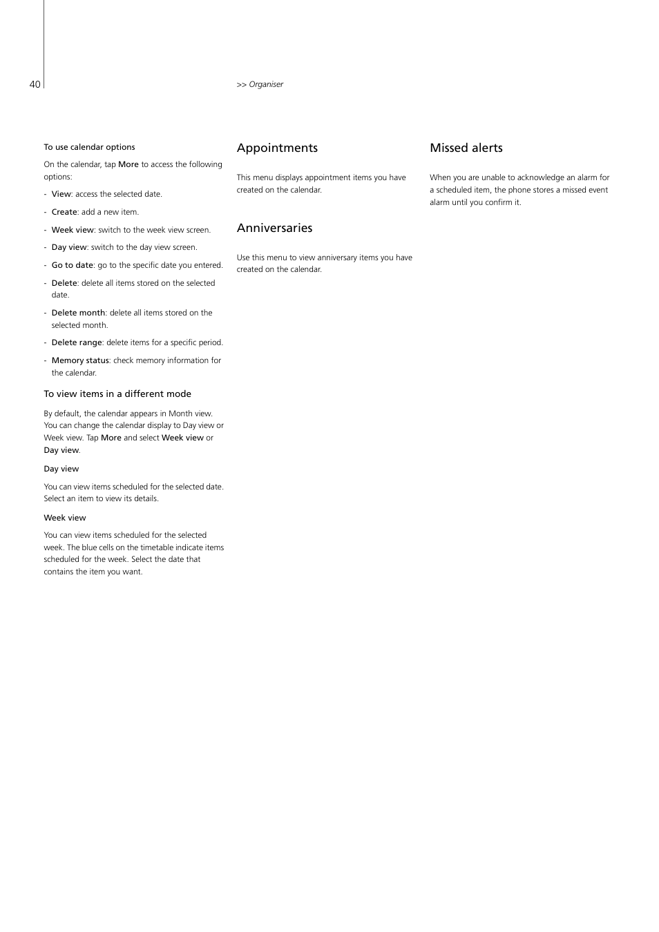 Appointments, Anniversaries, Missed alerts | P. 40 | Bang & Olufsen Serenata - User Guide User Manual | Page 40 / 68