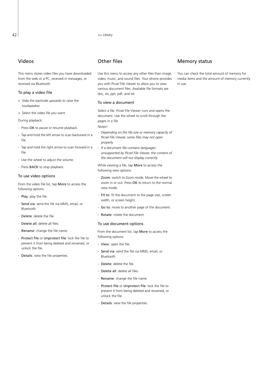 Videos, Other files, Memory status | P. 42 | Bang & Olufsen Serenata - User Guide User Manual | Page 42 / 68