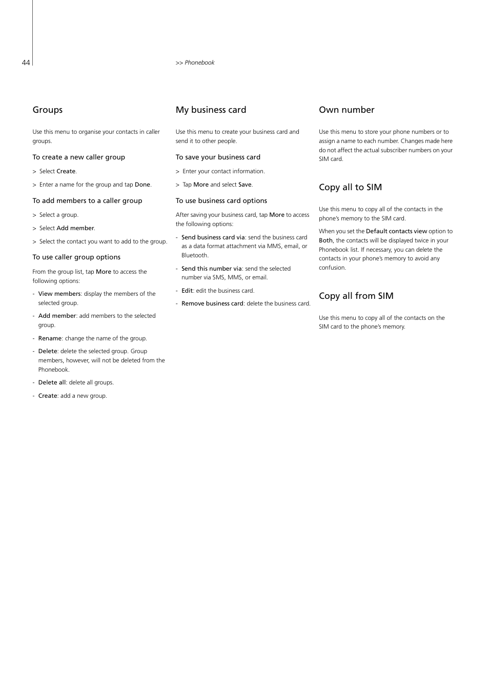 Groups, My business card, Own number | Copy all to sim, Copy all from sim, P. 44 | Bang & Olufsen Serenata - User Guide User Manual | Page 44 / 68