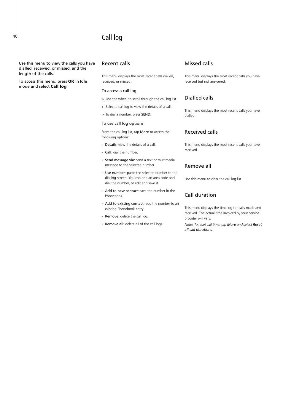 Call log, Recent calls, Missed calls | Dialled calls, Received calls, Remove all, Call duration, Call log, 46, P. 46, P. 46 p. 46 p. 46 p. 46 p. 46 p. 46 | Bang & Olufsen Serenata - User Guide User Manual | Page 46 / 68
