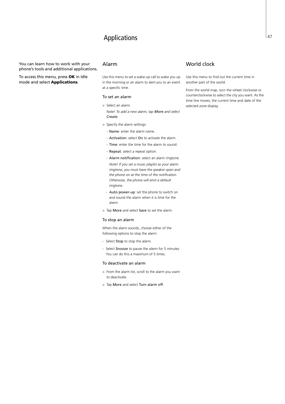 Applications, Alarm, World clock | P. 47, P. 47 p. 47 | Bang & Olufsen Serenata - User Guide User Manual | Page 47 / 68