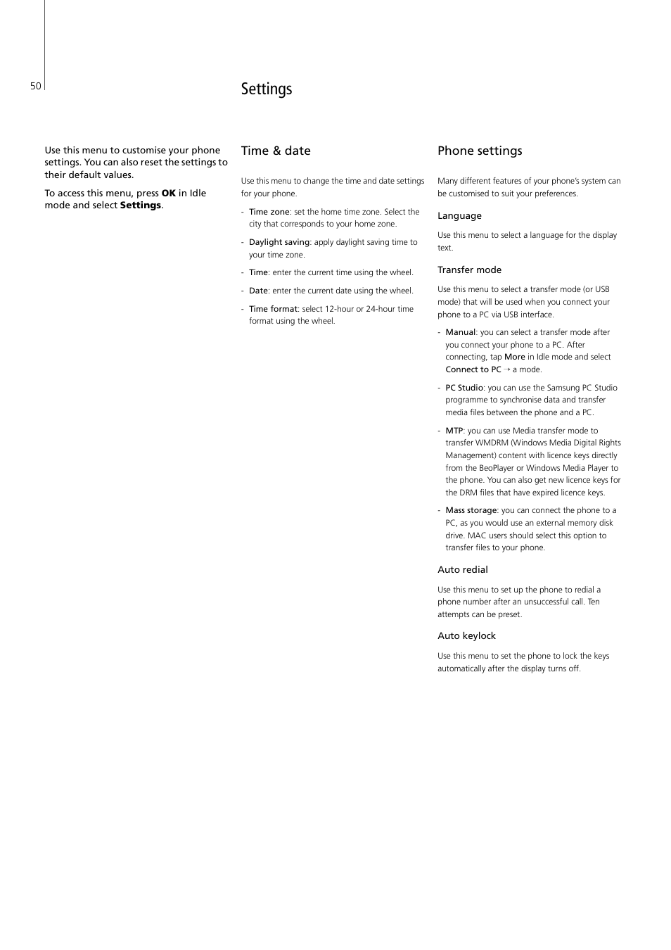 Settings, Time & date, Phone settings | Settings, 50, P. 50, 1 time & date 8.2 phone settings, 5 network services 8.6 bluetooth, 9 drm licences 8.10 memory settin, 11 master r, P. 50 p. 50 | Bang & Olufsen Serenata - User Guide User Manual | Page 50 / 68