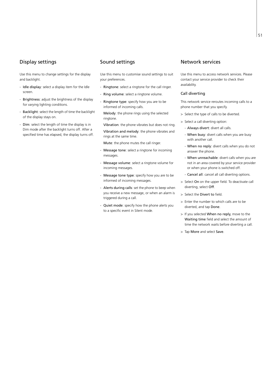 Display settings, Sound settings, Network services | 3 display settings 8.4 sound settings, P. 51, P. 51 p. 51 | Bang & Olufsen Serenata - User Guide User Manual | Page 51 / 68