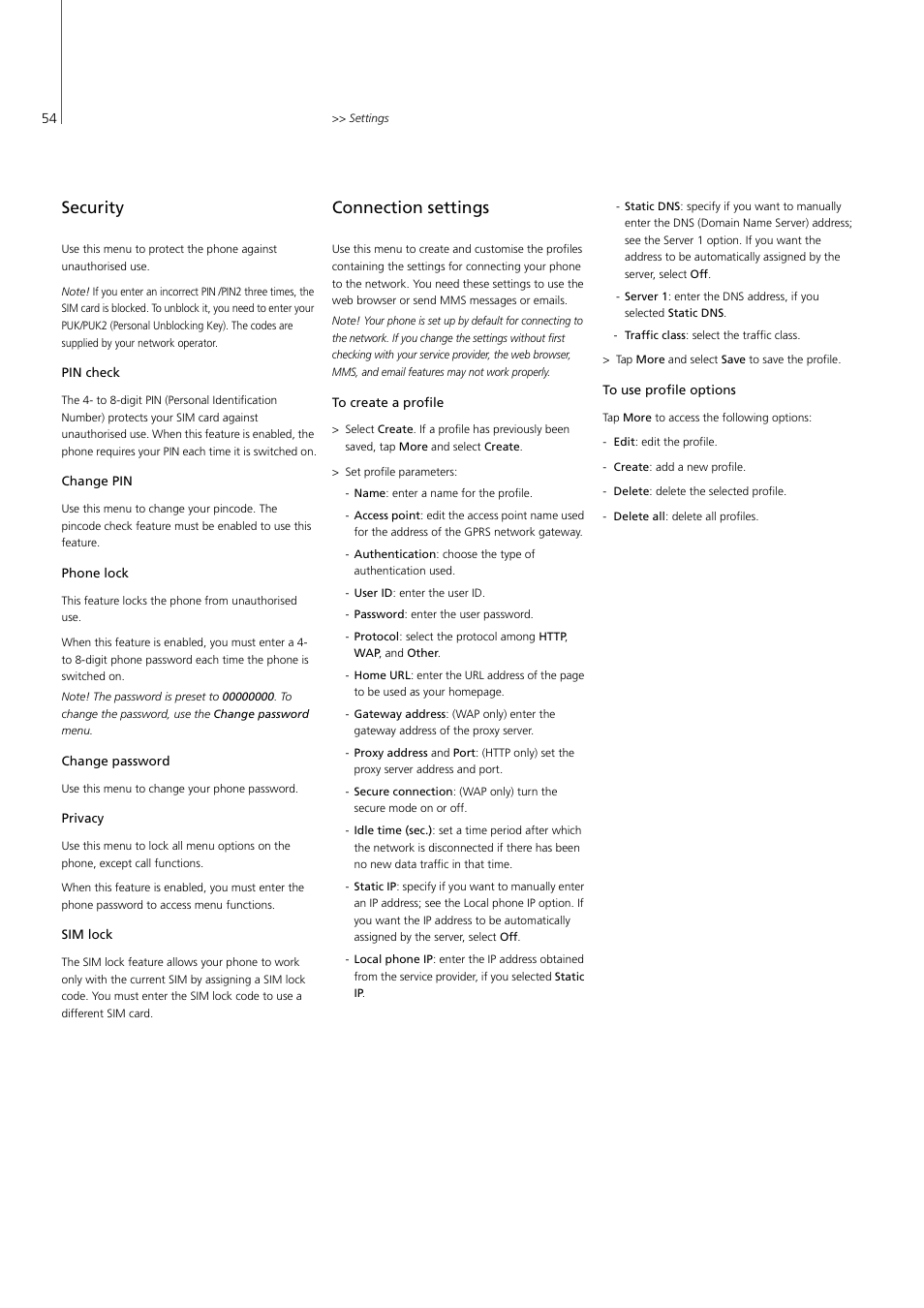 Security, Connection settings, 7 security 8.8 connection settings | P. 54 | Bang & Olufsen Serenata - User Guide User Manual | Page 54 / 68