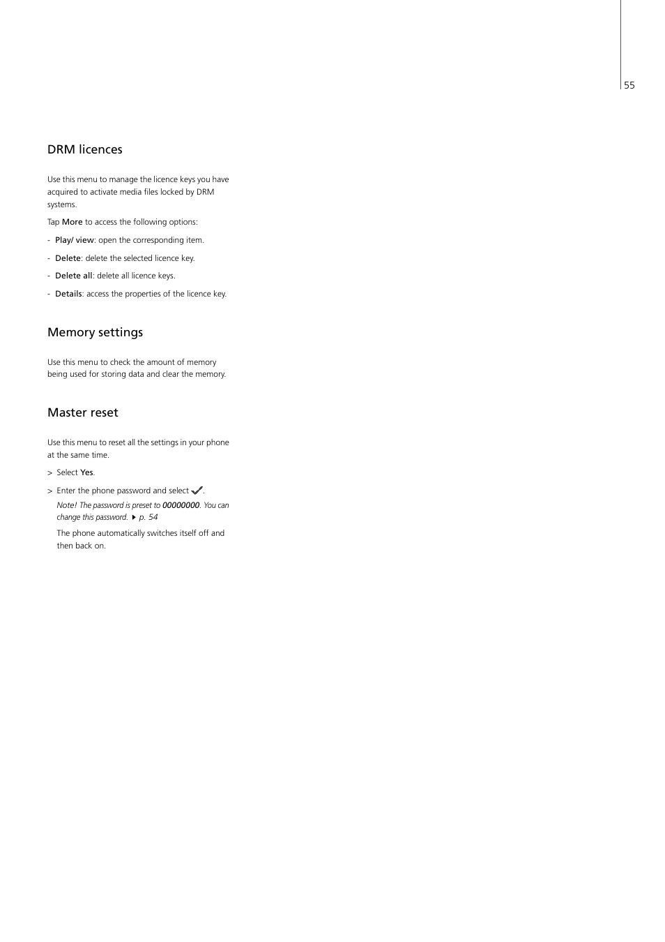 Drm licences, Memory settings, Master reset | Eset, P. 55 p. 55 p. 55 | Bang & Olufsen Serenata - User Guide User Manual | Page 55 / 68