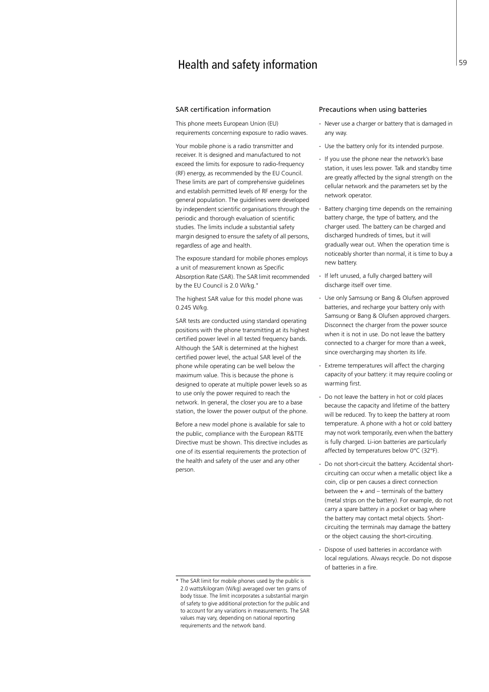 Health and safety information, Health and safety information, 59 | Bang & Olufsen Serenata - User Guide User Manual | Page 59 / 68