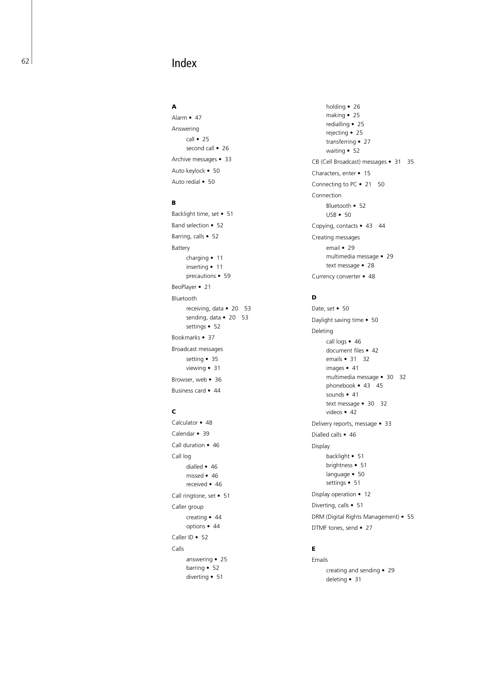 Index | Bang & Olufsen Serenata - User Guide User Manual | Page 62 / 68