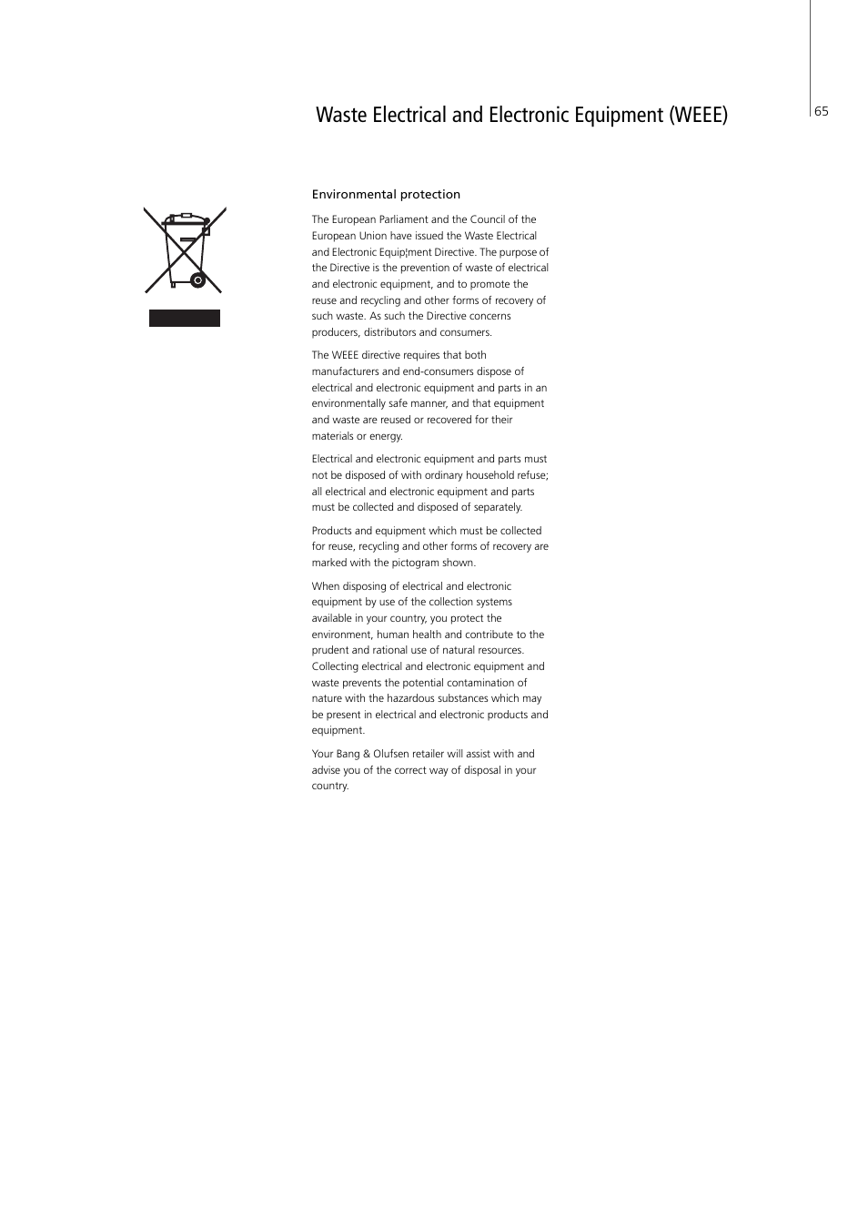 Waste electrical and electronic equipment (weee) | Bang & Olufsen Serenata - User Guide User Manual | Page 65 / 68