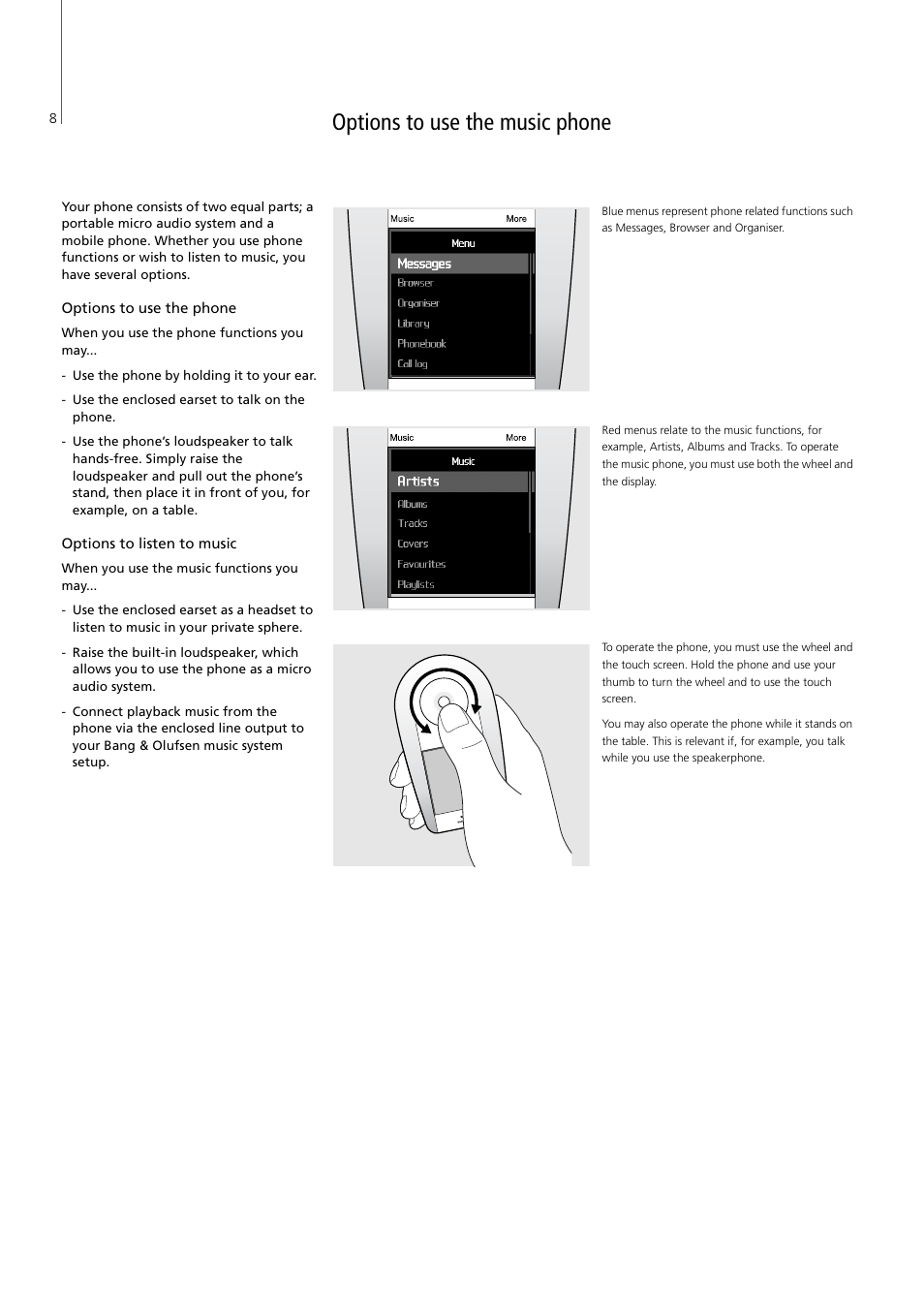 Options to use the music phone | Bang & Olufsen Serenata - User Guide User Manual | Page 8 / 68