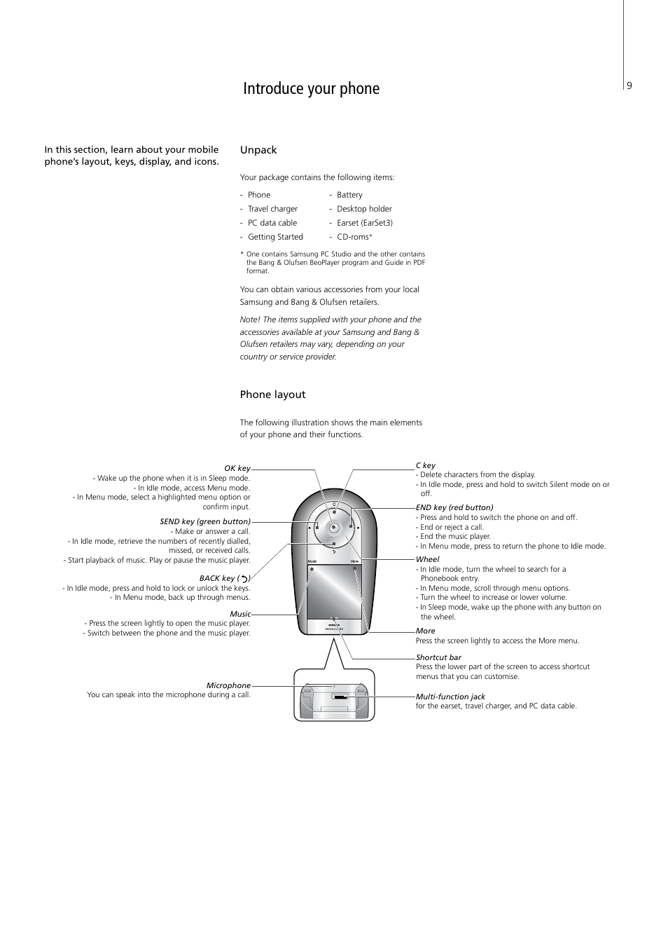 Introduce your phone, Unpack, Phone layout | Unpack, 9 phone layout | Bang & Olufsen Serenata - User Guide User Manual | Page 9 / 68