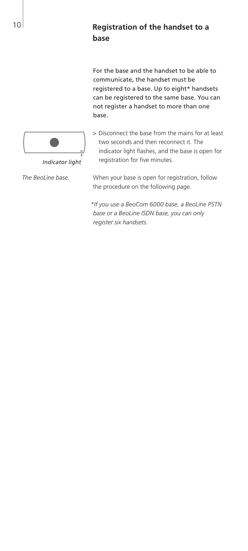 Registration of the handset to a base, Registration of the handset to a base 10 | Bang & Olufsen BeoCom 2 - Getting Started User Manual | Page 10 / 20