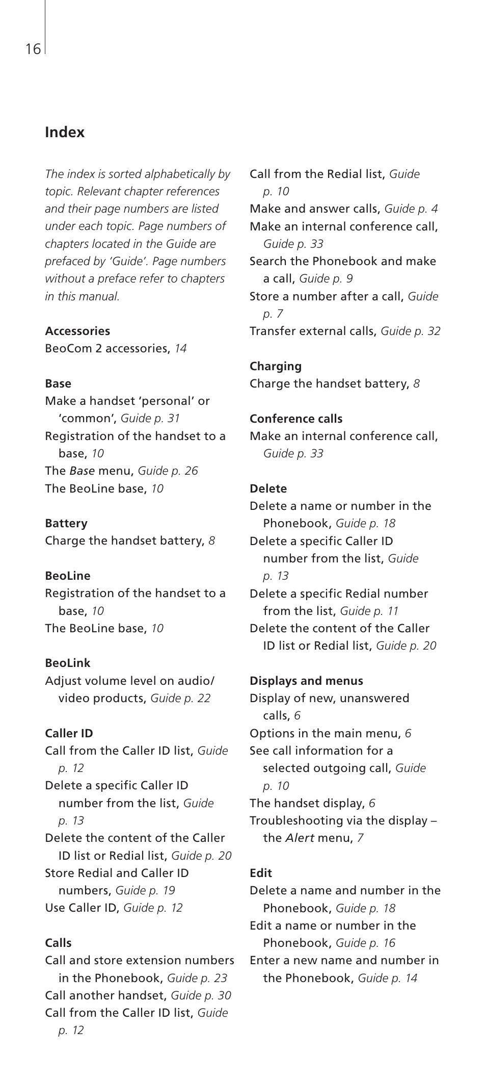 Index | Bang & Olufsen BeoCom 2 - Getting Started User Manual | Page 16 / 20