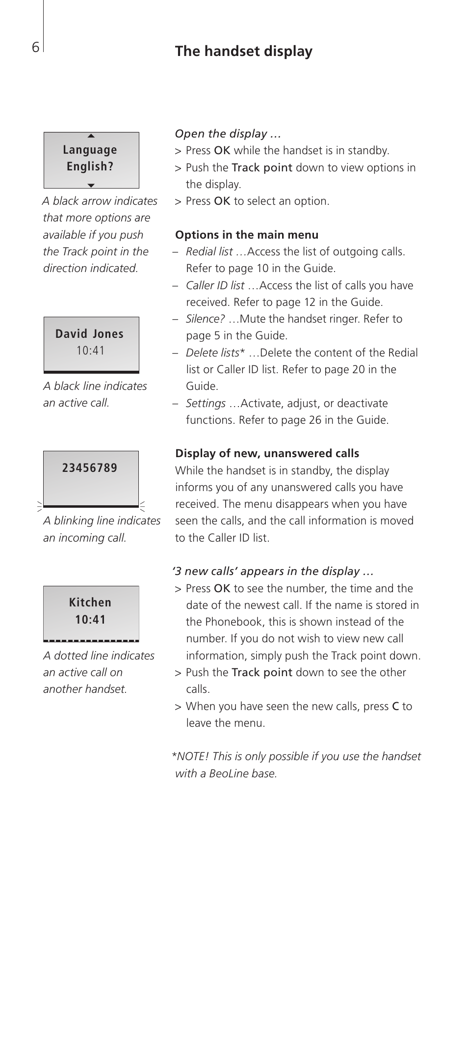 The handset display | Bang & Olufsen BeoCom 2 - Getting Started User Manual | Page 6 / 20