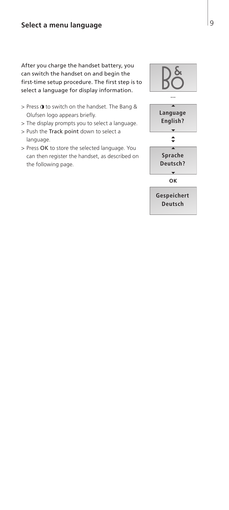 Select a menu language | Bang & Olufsen BeoCom 2 - Getting Started User Manual | Page 9 / 20