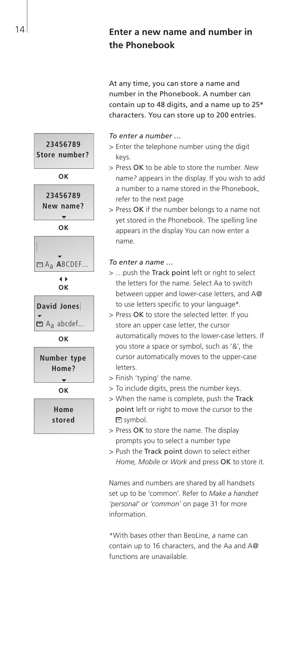 Enter a new name and number in the phonebook | Bang & Olufsen BeoCom 2 - User Guide User Manual | Page 14 / 40