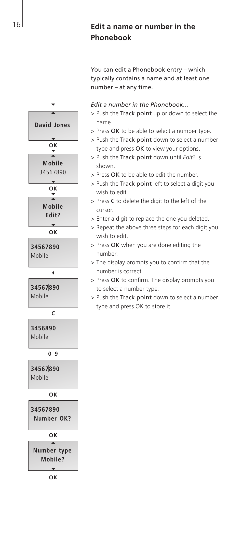 Edit a name or number in the phonebook | Bang & Olufsen BeoCom 2 - User Guide User Manual | Page 16 / 40