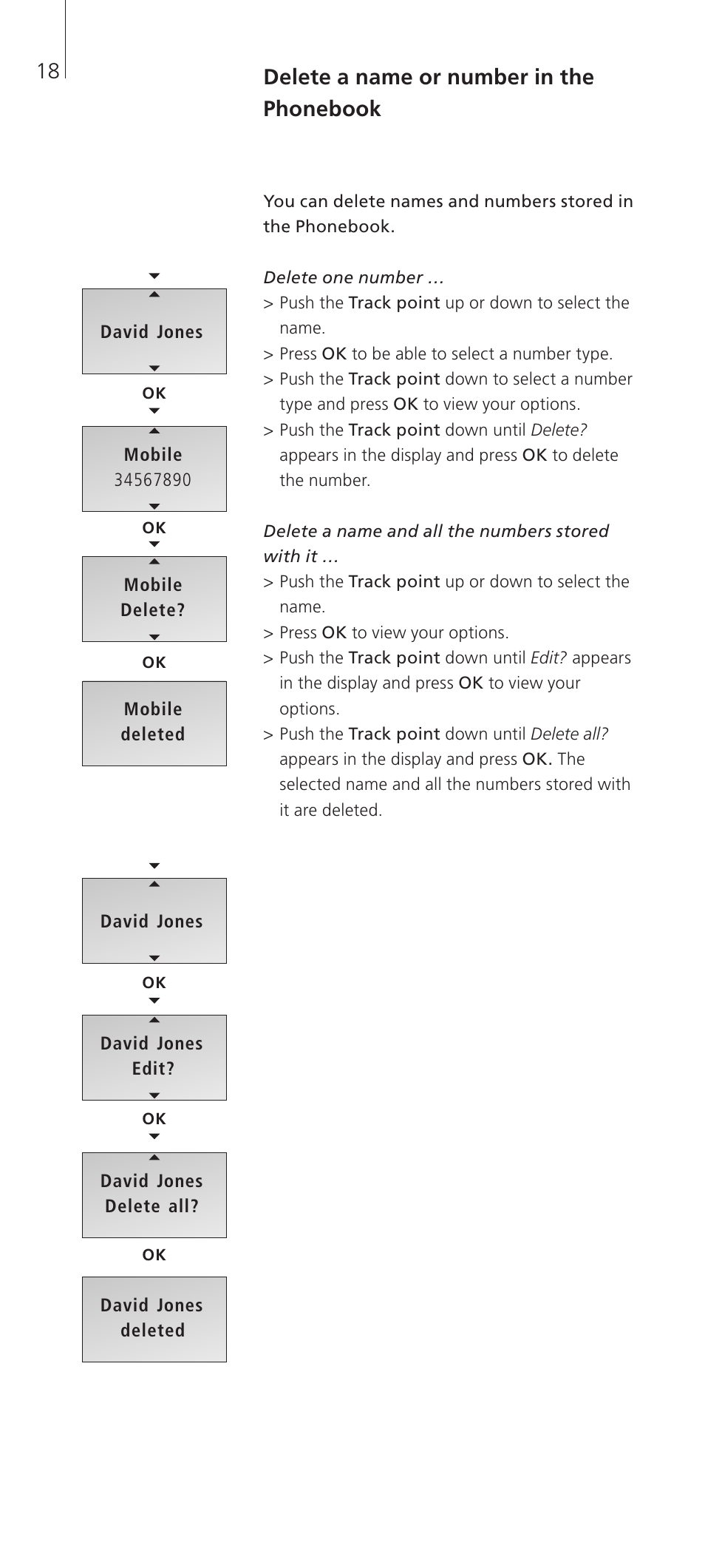 Delete a name or number in the phonebook | Bang & Olufsen BeoCom 2 - User Guide User Manual | Page 18 / 40