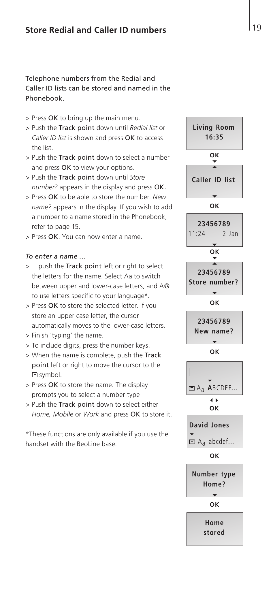 Store redial and caller id numbers | Bang & Olufsen BeoCom 2 - User Guide User Manual | Page 19 / 40