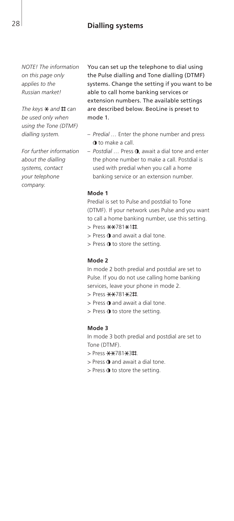 Dialling systems, Mode 1, Mode 2 | Mode 3 | Bang & Olufsen BeoCom 2 - User Guide User Manual | Page 28 / 40