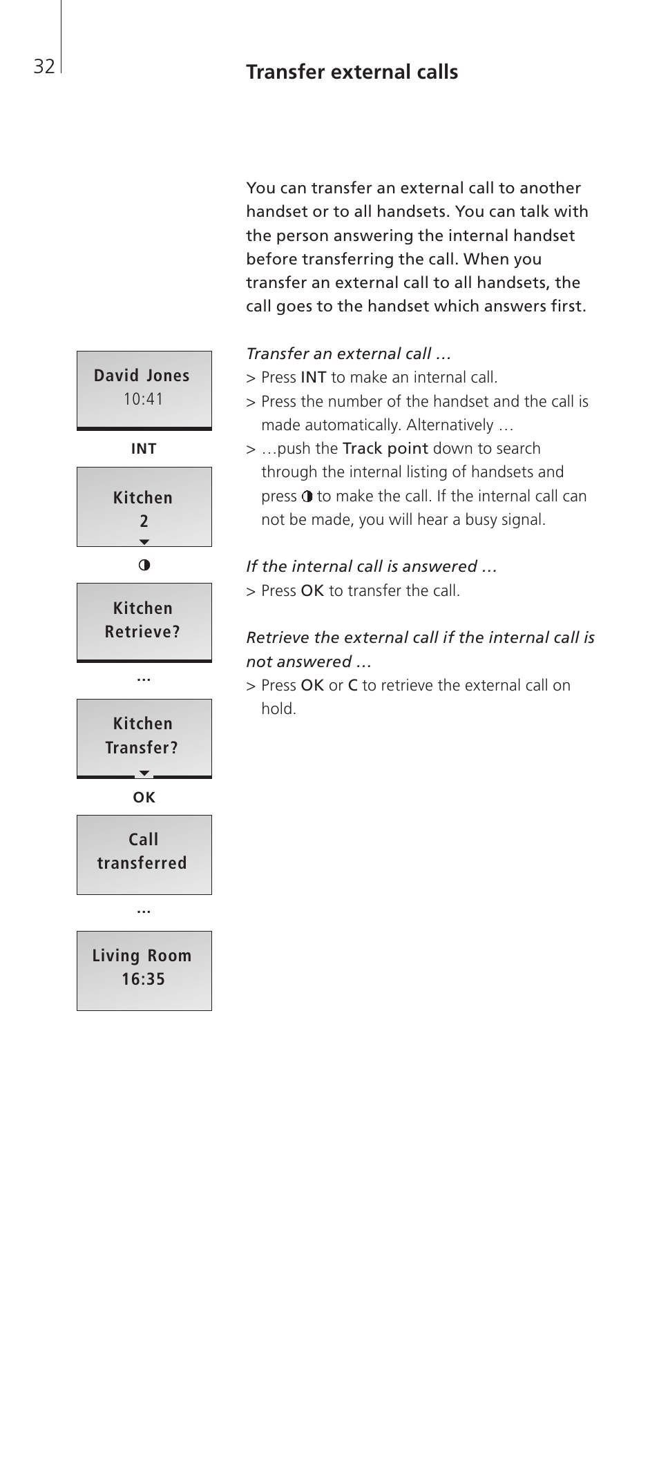 Transfer external calls | Bang & Olufsen BeoCom 2 - User Guide User Manual | Page 32 / 40