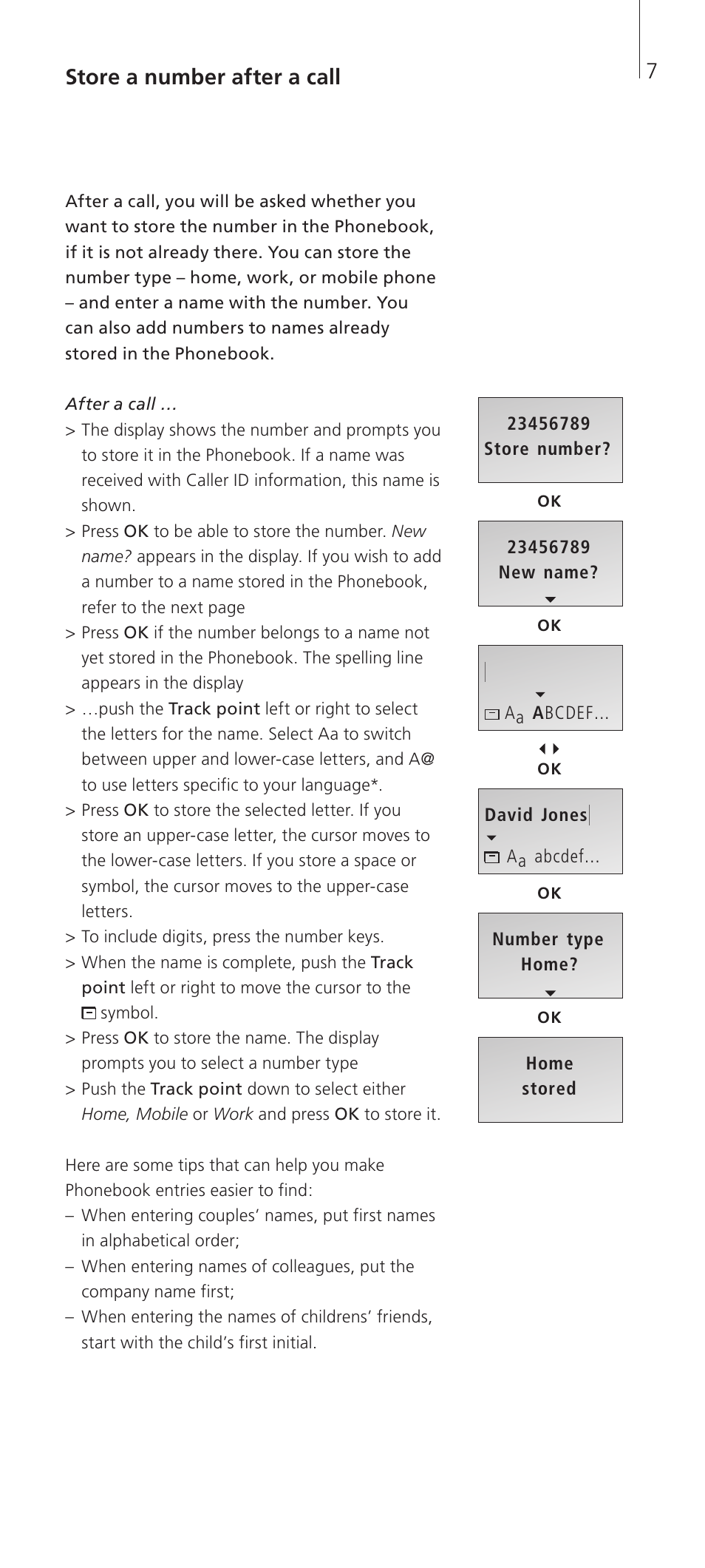 Store a number after a call | Bang & Olufsen BeoCom 2 - User Guide User Manual | Page 7 / 40