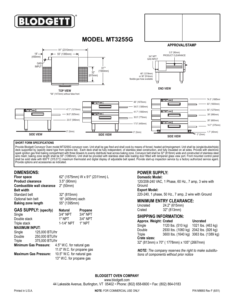 Model mt3255g, Dimensions, Gas supply | Power supply, Minimum entry clearance, Shipping information | Blodgett MT3255G User Manual | Page 2 / 2