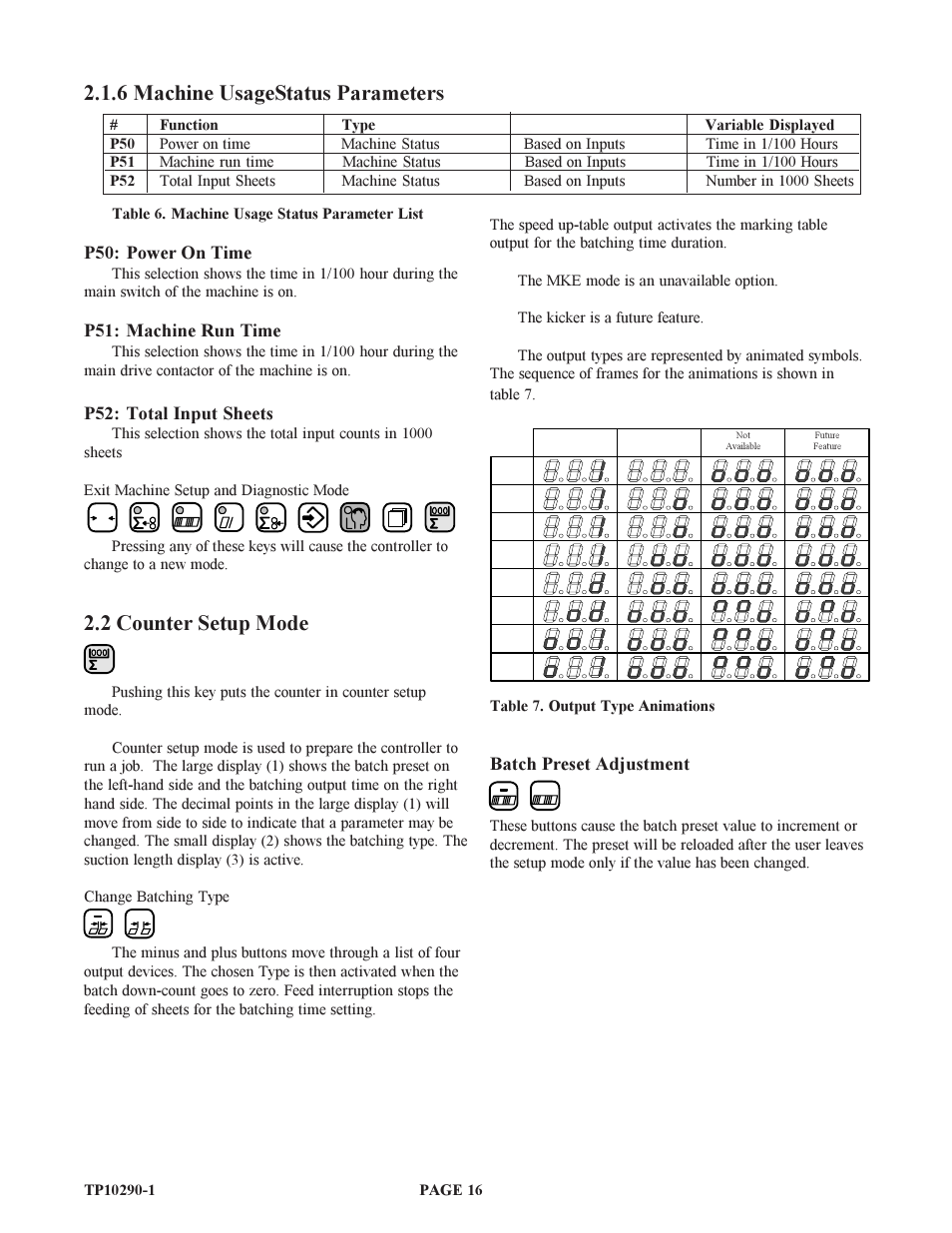 6 machine usagestatus parameters, 2 counter setup mode, P50: power on time | P51: machine run time, P52: total input sheets, Batch preset adjustment | Baumfolder BAUM15: Pile Folder 1st Station (from 1999 thru 2005) User Manual | Page 16 / 50