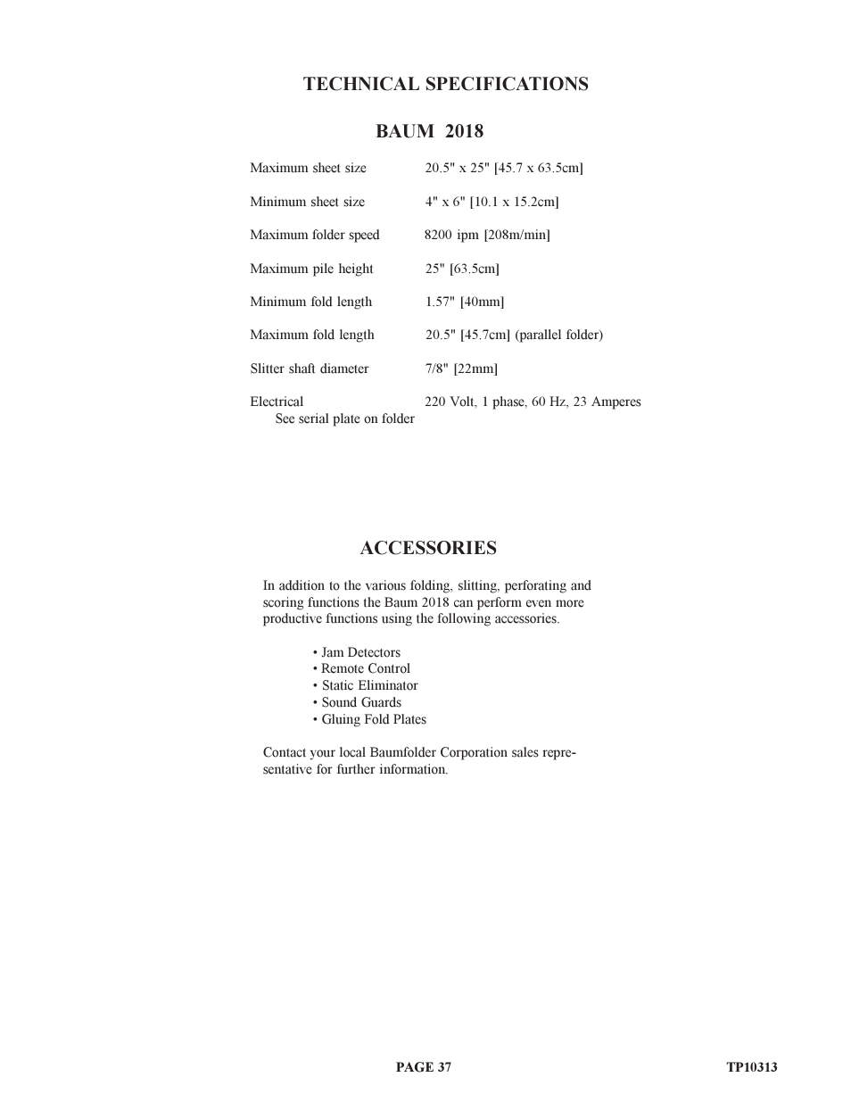 Technical specifications baum 2018, Accessories | Baumfolder BAUM18: Pile Folder 1st Station (from 2005 on) User Manual | Page 37 / 50