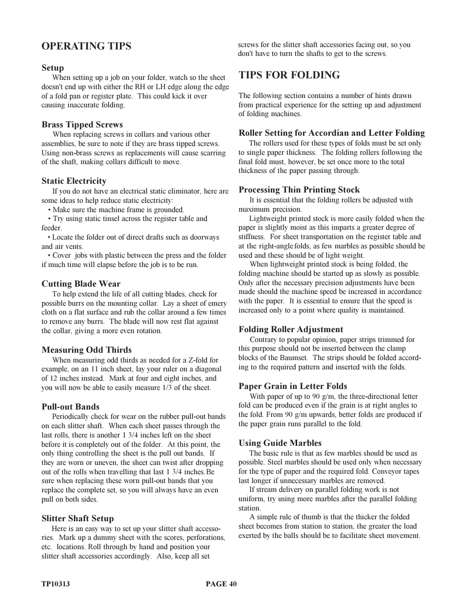 Operating tips, Tips for folding | Baumfolder BAUM18: Pile Folder 1st Station (from 2005 on) User Manual | Page 40 / 50