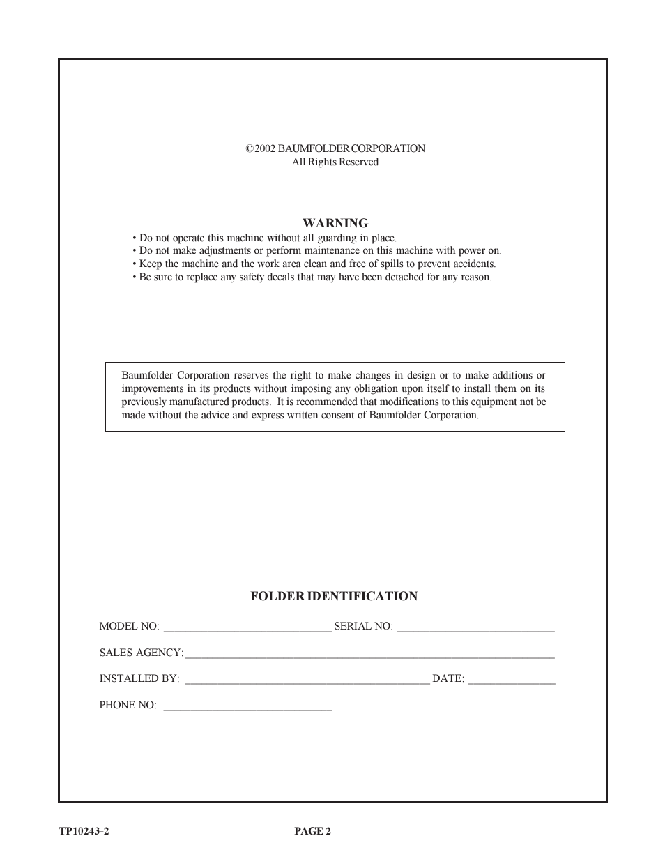Baumfolder BAUM20: Pile Folder 1st Station (from 2002 thru 2004) User Manual | Page 2 / 68