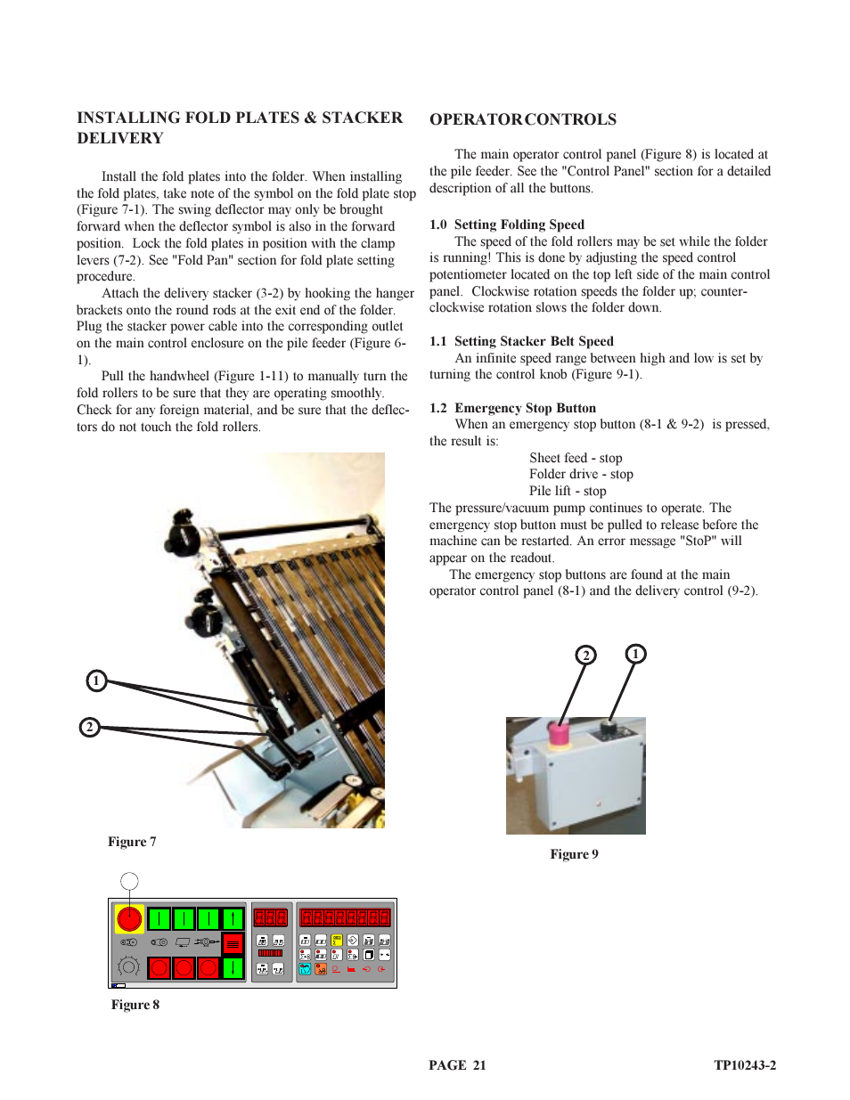 Installing fold plates & stacker delivery, Operator controls | Baumfolder BAUM20: Pile Folder 1st Station (from 2002 thru 2004) User Manual | Page 21 / 68