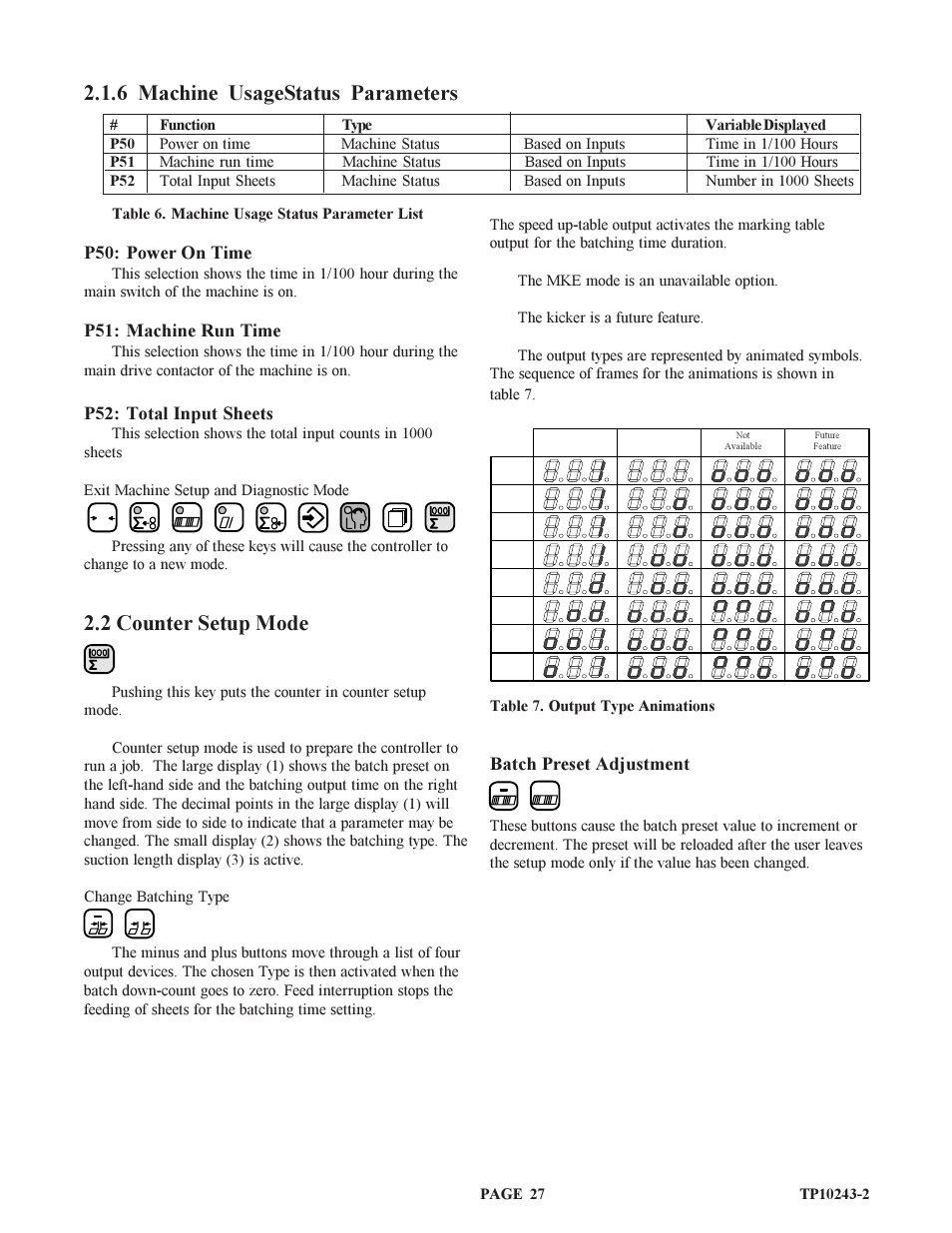 6 machine usagestatus parameters, 2 counter setup mode, P50: power on time | P51: machine run time, P52: total input sheets, Batch preset adjustment | Baumfolder BAUM20: Pile Folder 1st Station (from 2002 thru 2004) User Manual | Page 27 / 68