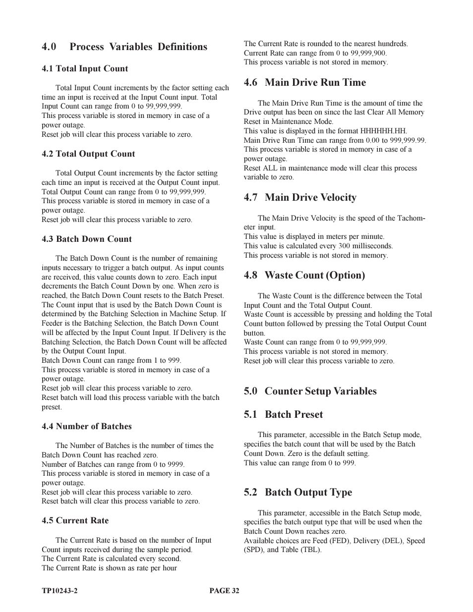 0 process variables definitions, 6 main drive run time, 7 main drive velocity | 8 waste count (option), 0 counter setup variables 5.1 batch preset, 2 batch output type | Baumfolder BAUM20: Pile Folder 1st Station (from 2002 thru 2004) User Manual | Page 32 / 68