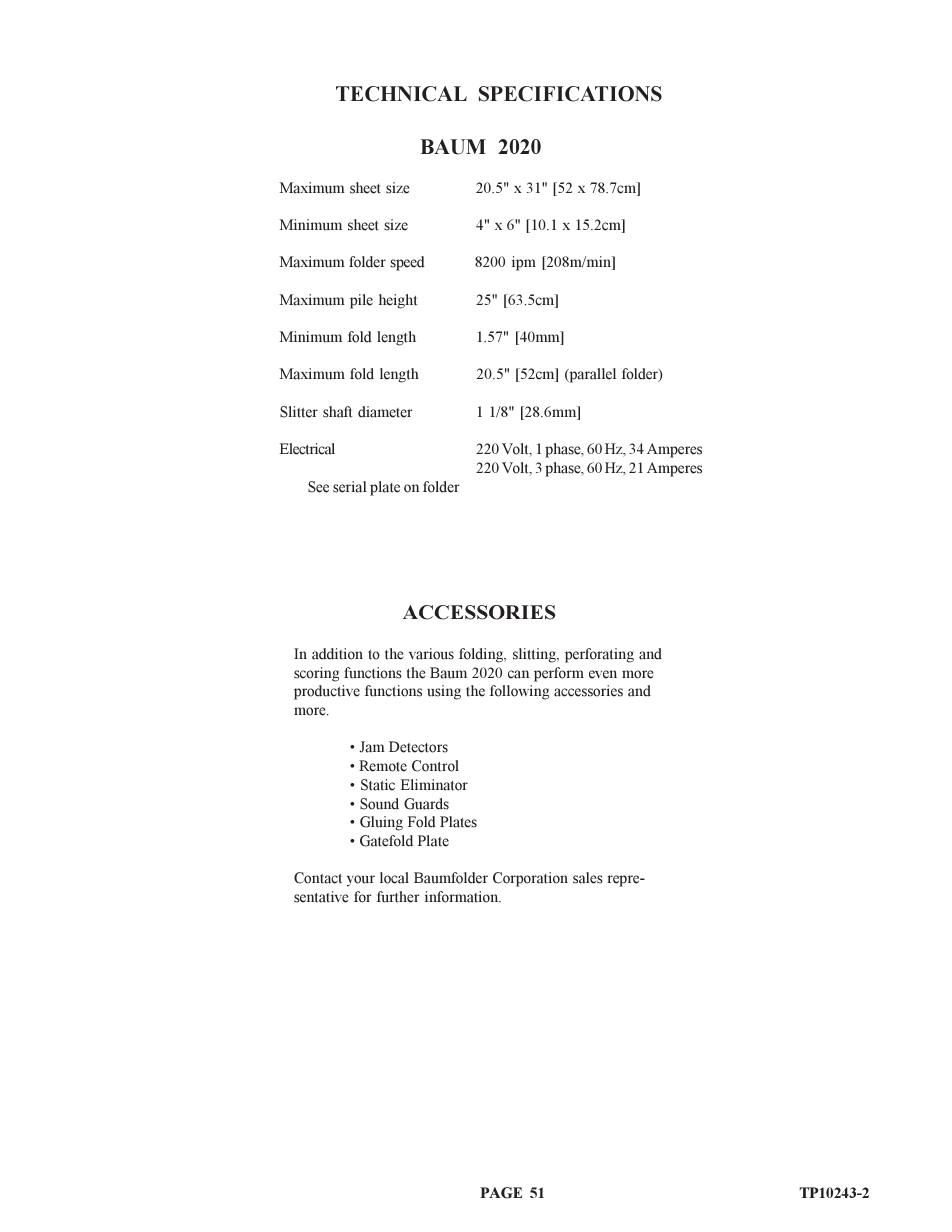 Technical specifications baum 2020, Accessories | Baumfolder BAUM20: Pile Folder 1st Station (from 2002 thru 2004) User Manual | Page 51 / 68