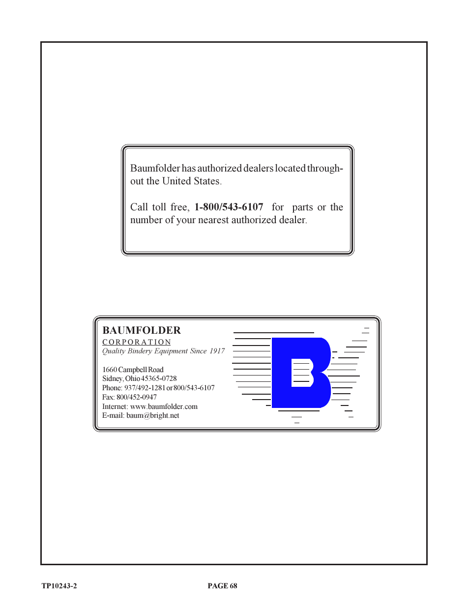 Baumfolder | Baumfolder BAUM20: Pile Folder 1st Station (from 2002 thru 2004) User Manual | Page 68 / 68