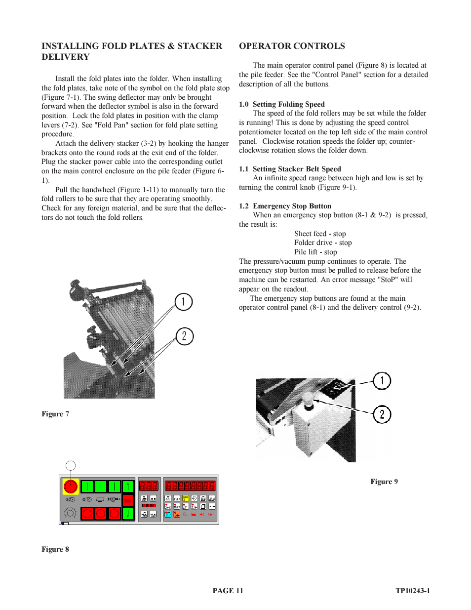 Operator controls, Installing fold plates & stacker delivery | Baumfolder BAUM20: Pile Folder 1st Station (from 1999 thru 2001) User Manual | Page 11 / 50