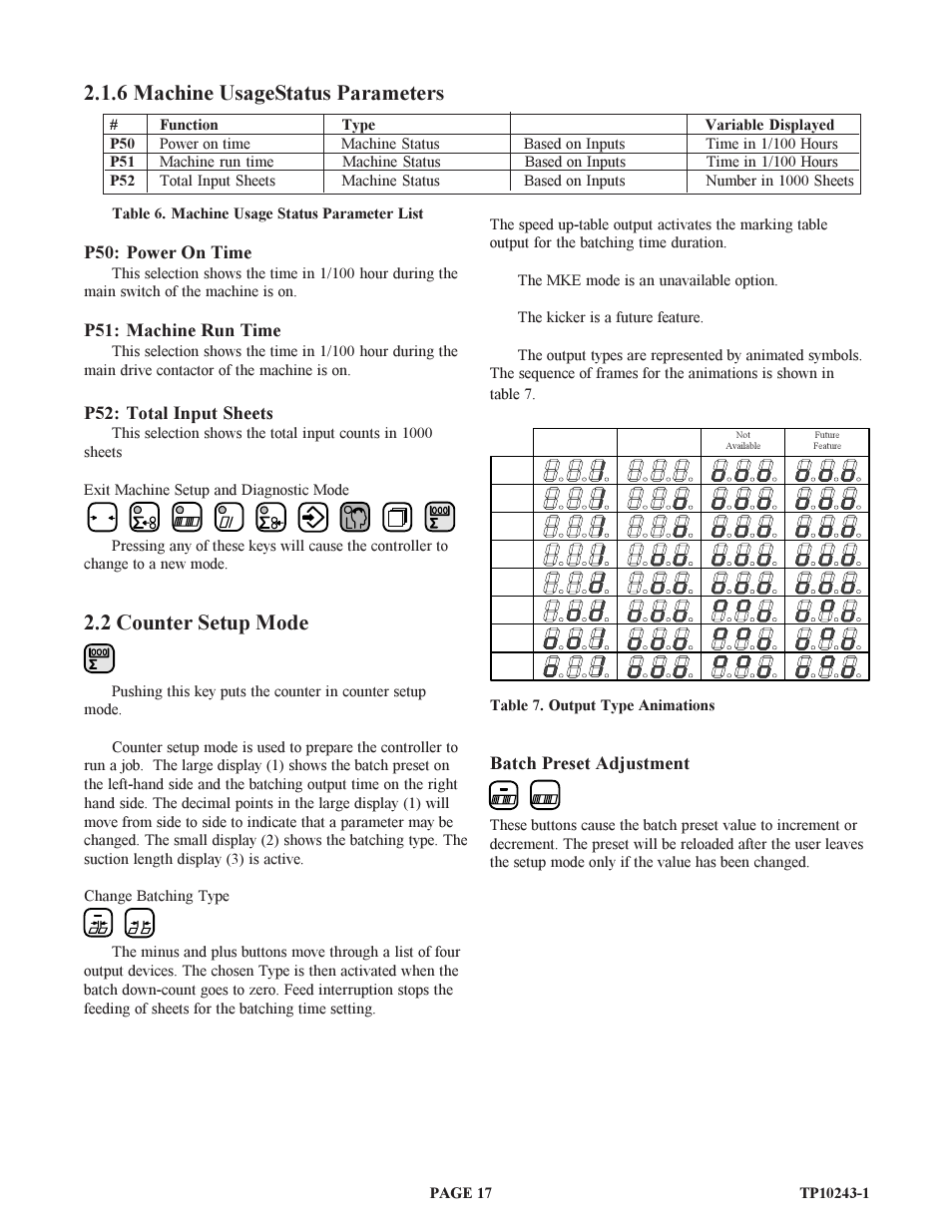 6 machine usagestatus parameters, 2 counter setup mode, P50: power on time | P51: machine run time, P52: total input sheets, Batch preset adjustment | Baumfolder BAUM20: Pile Folder 1st Station (from 1999 thru 2001) User Manual | Page 17 / 50