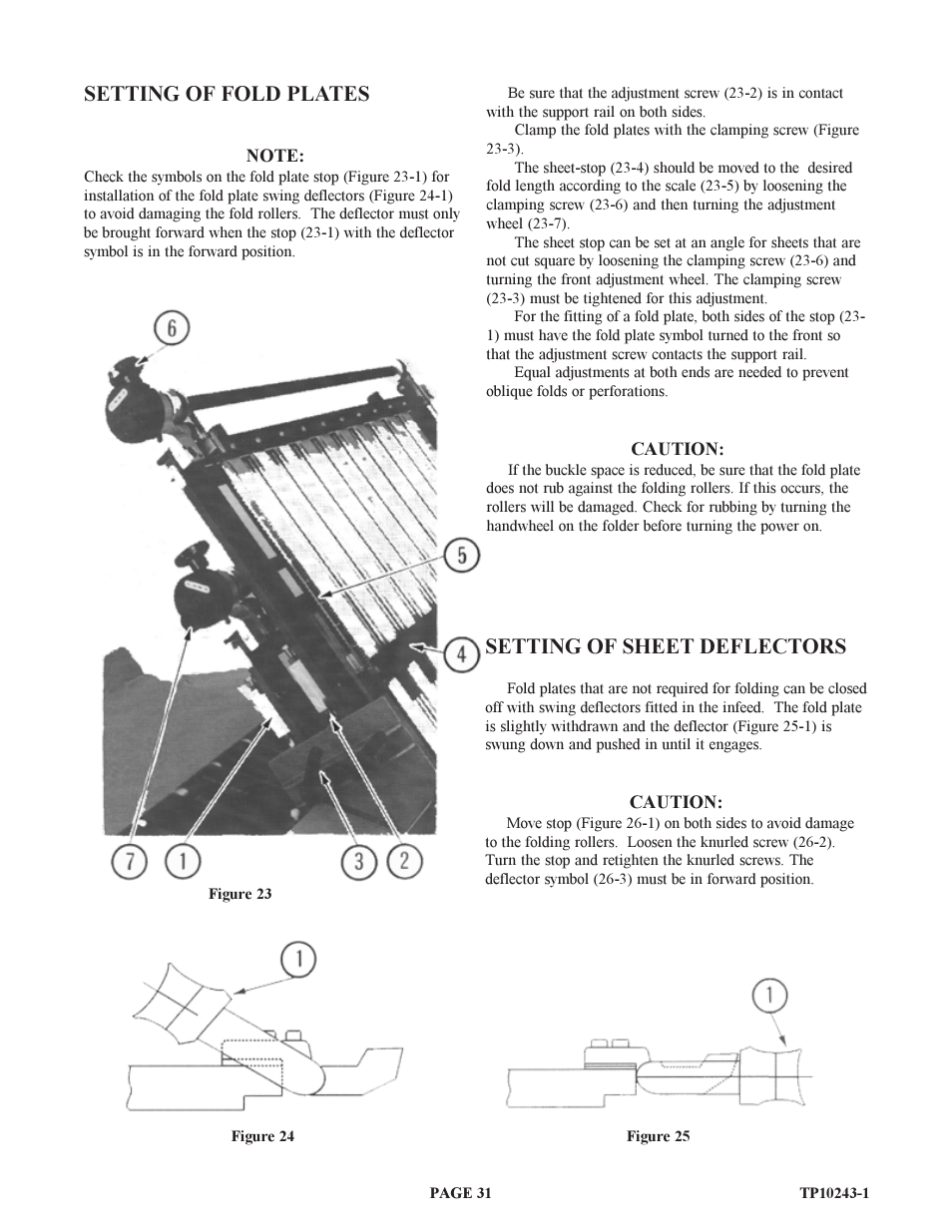 Setting of fold plates, Setting of sheet deflectors | Baumfolder BAUM20: Pile Folder 1st Station (from 1999 thru 2001) User Manual | Page 31 / 50