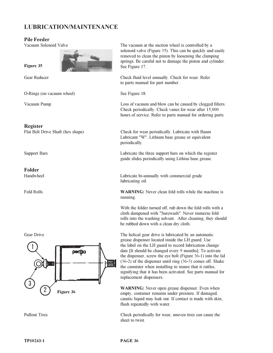 Lubrication/maintenance | Baumfolder BAUM20: Pile Folder 1st Station (from 1999 thru 2001) User Manual | Page 36 / 50