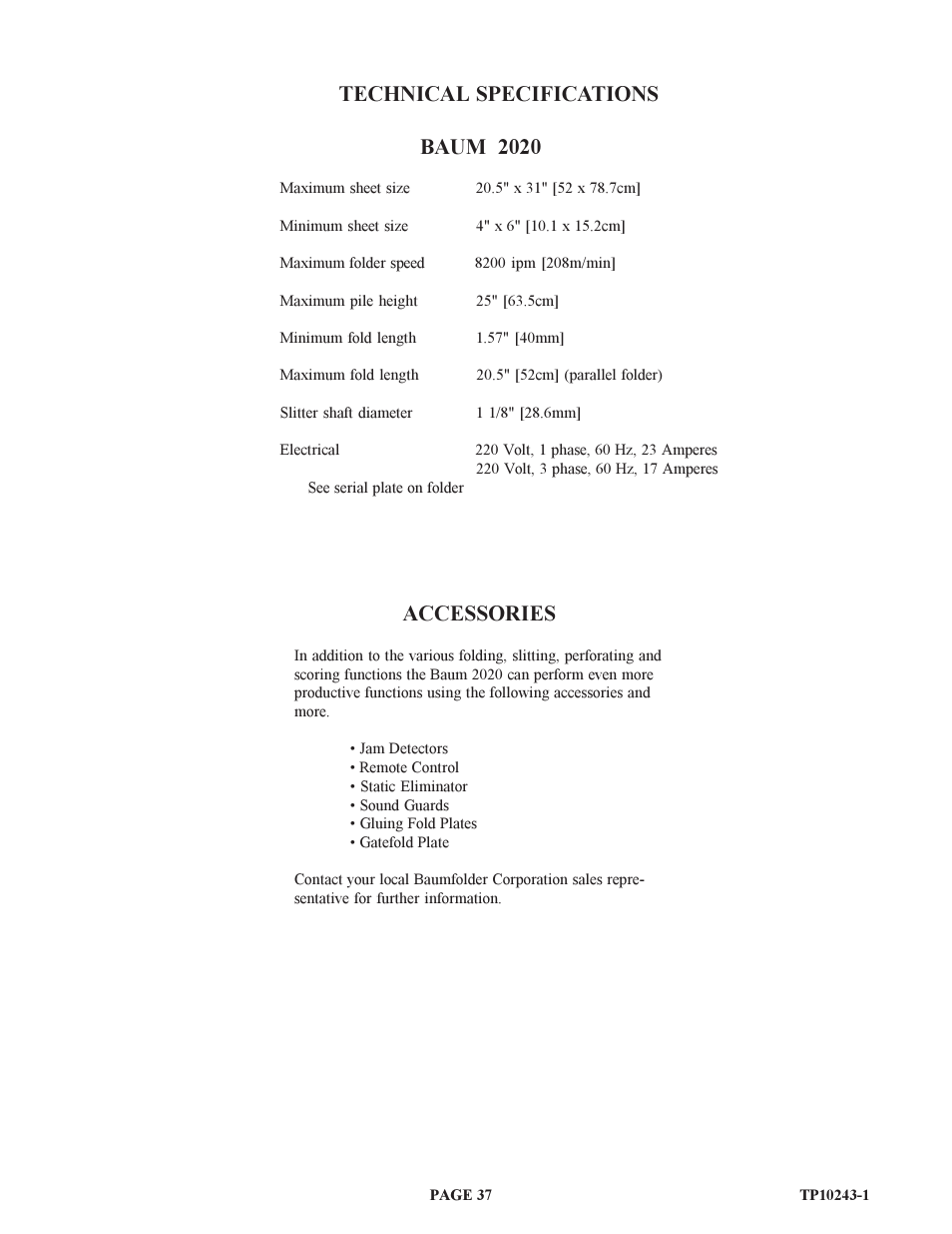 Technical specifications baum 2020, Accessories | Baumfolder BAUM20: Pile Folder 1st Station (from 1999 thru 2001) User Manual | Page 37 / 50