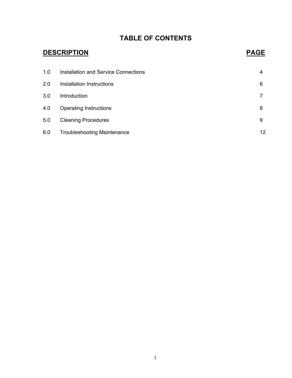 Table of contents description page | Blodgett KPS-DS Series User Manual | Page 3 / 13